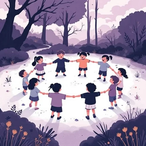 Children holding hands and playing outdoors