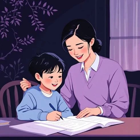 Tutor helping a smiling child indoors